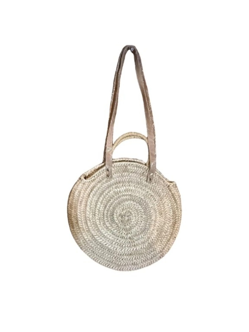Round Natural Straw Crossbody Tote with Brown Shoulder Strap